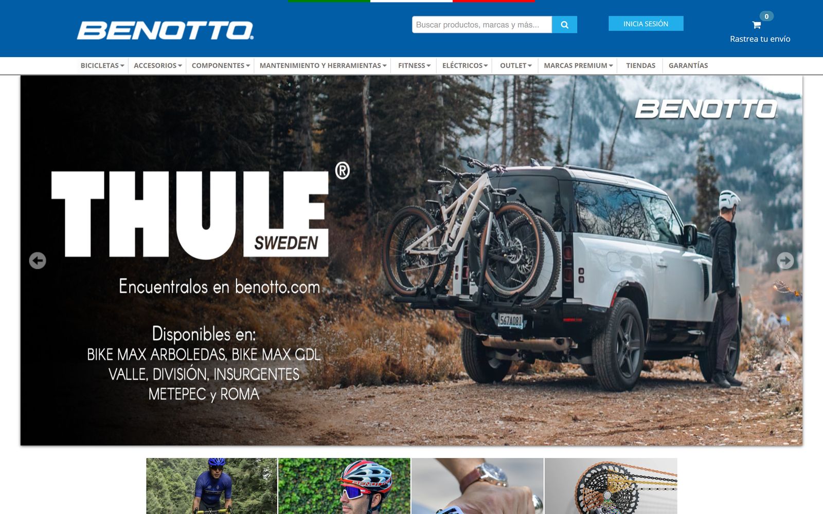 The current online store: the main banner sells Thule roof racks under a generic italic wordmark