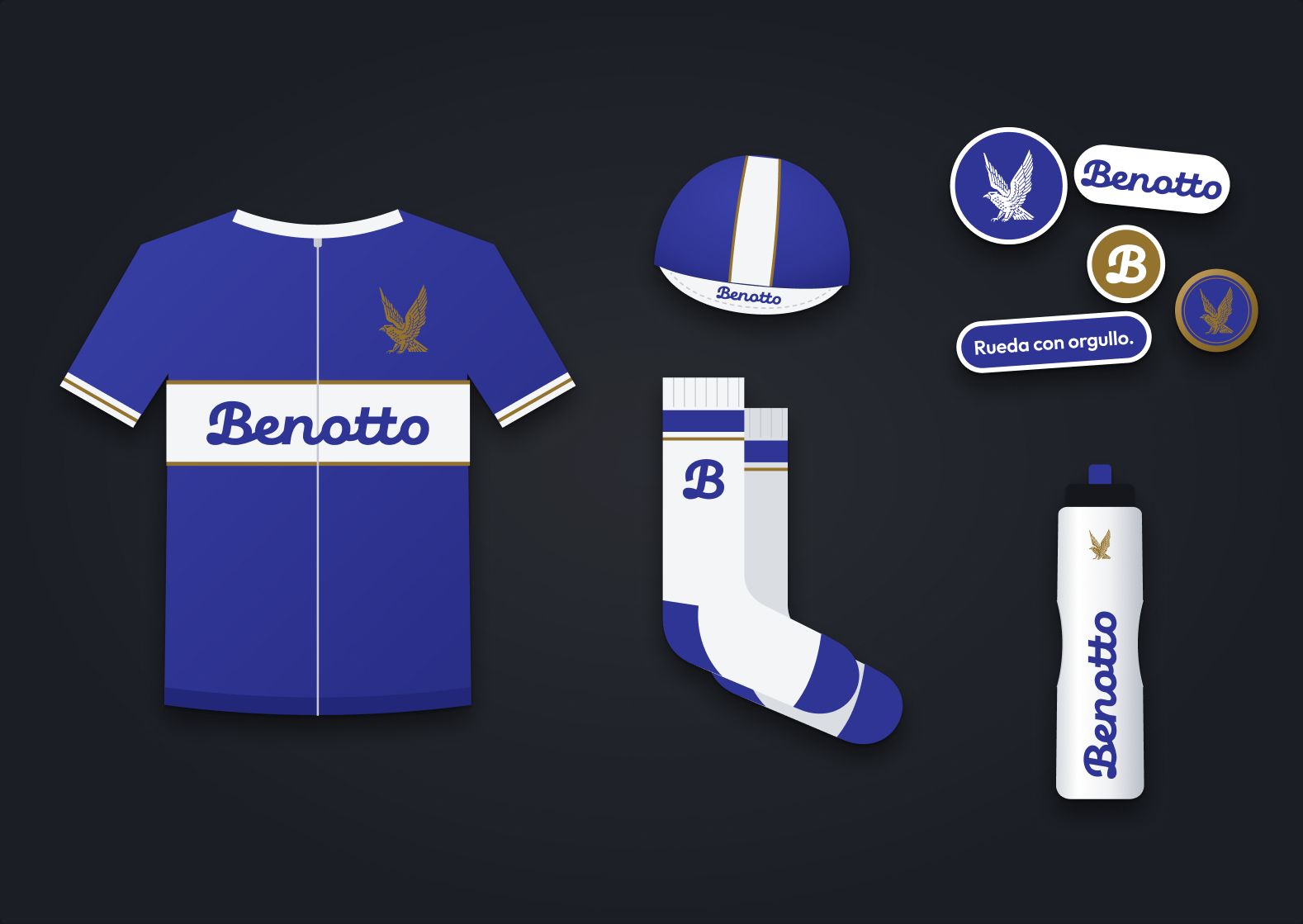 The ride kit: racing-house jersey, cycling cap, bottle, socks, stickers and pin