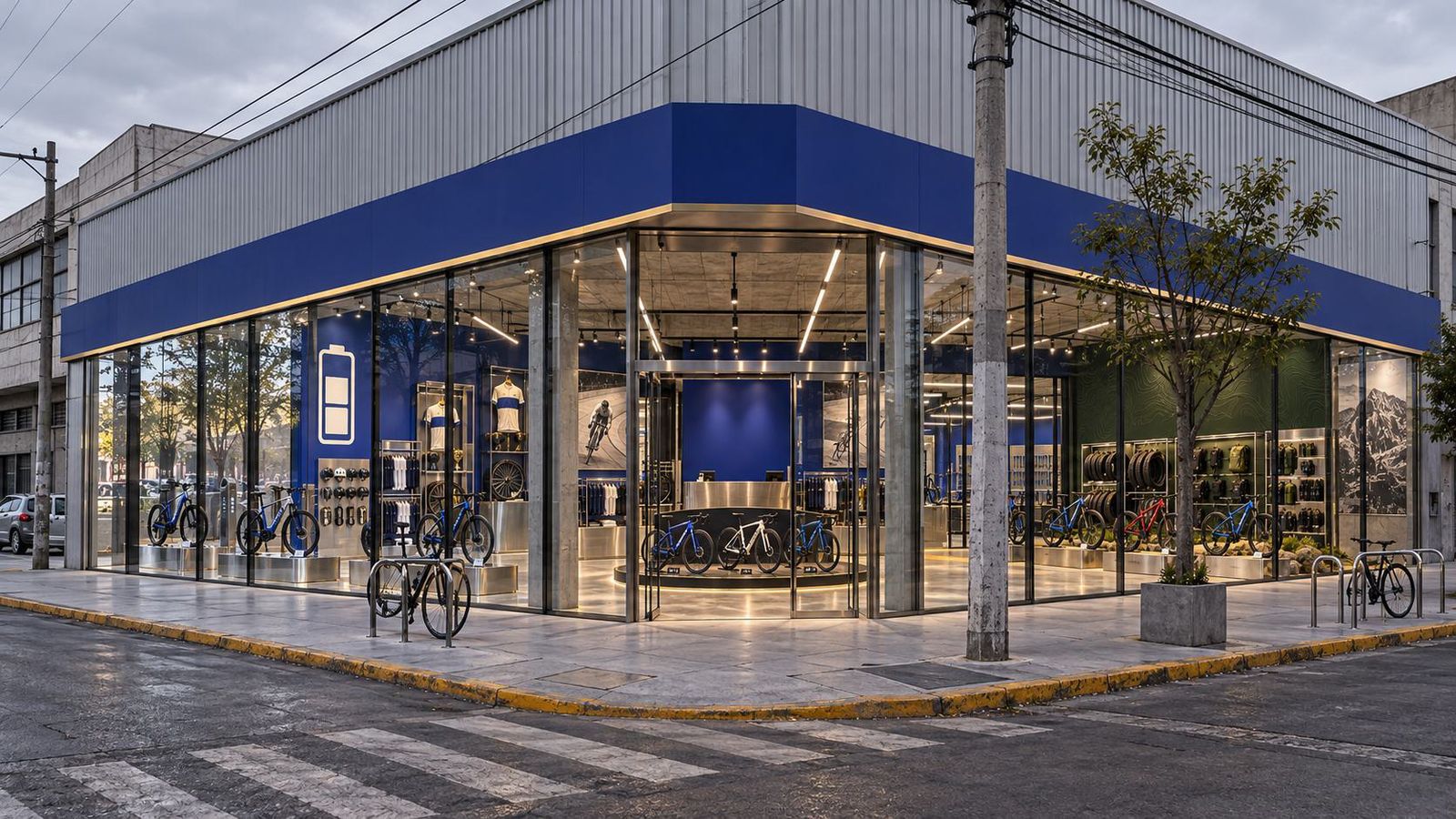 Proposed store façade: a corner building wrapped in a Benotto Blue band