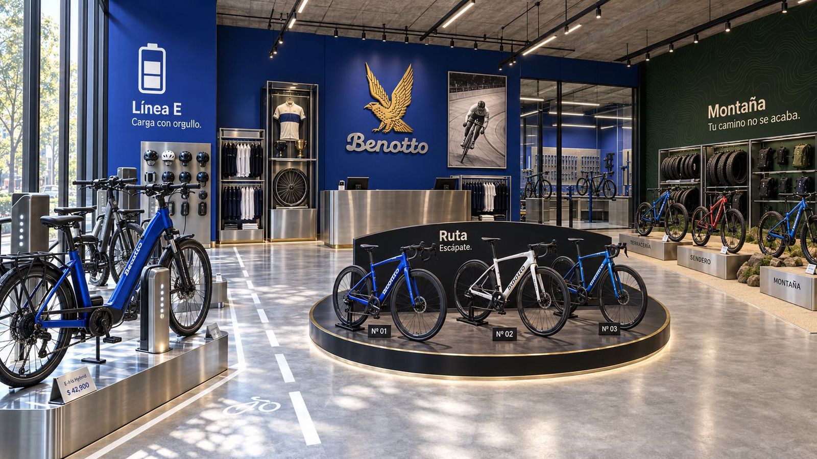 Sales floor with the gold eagle on a blue wall and a Ruta podium