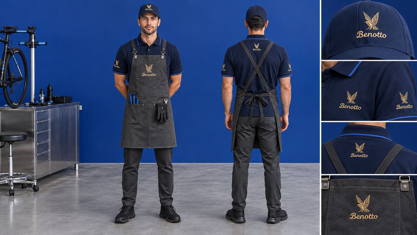 Store uniform: navy shirt and workshop apron with the eagle
