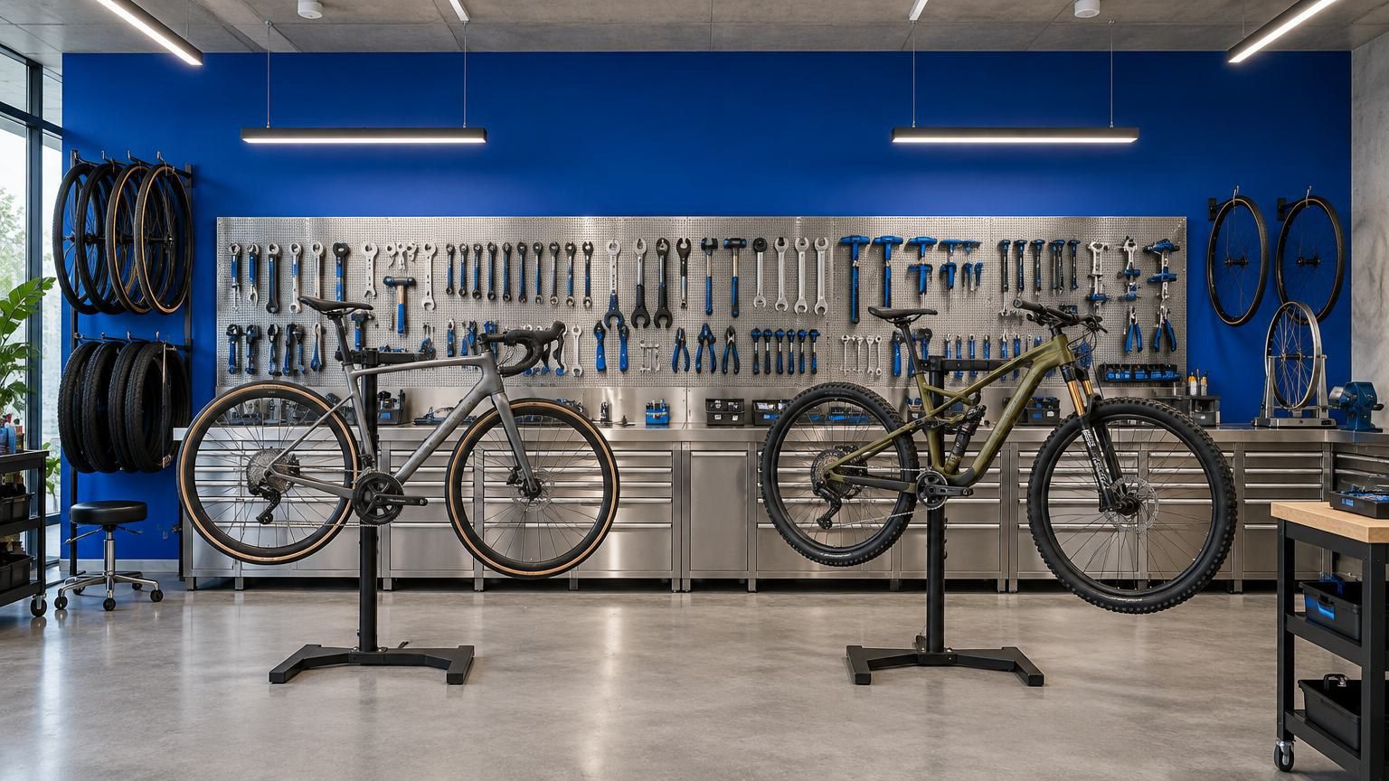 The workshop on a blue wall, tools in plain sight