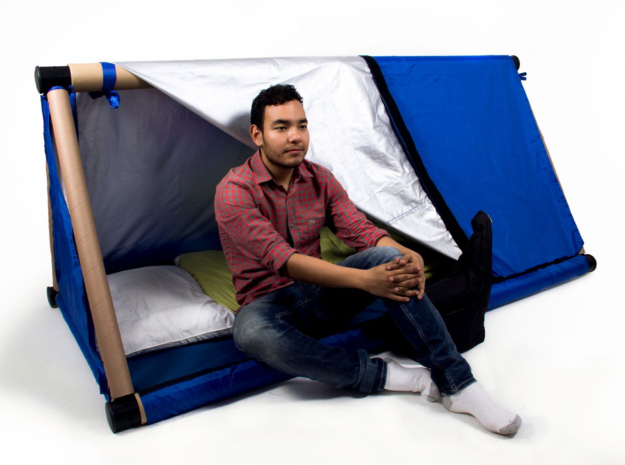 Sleeping module prototype occupied by an adult