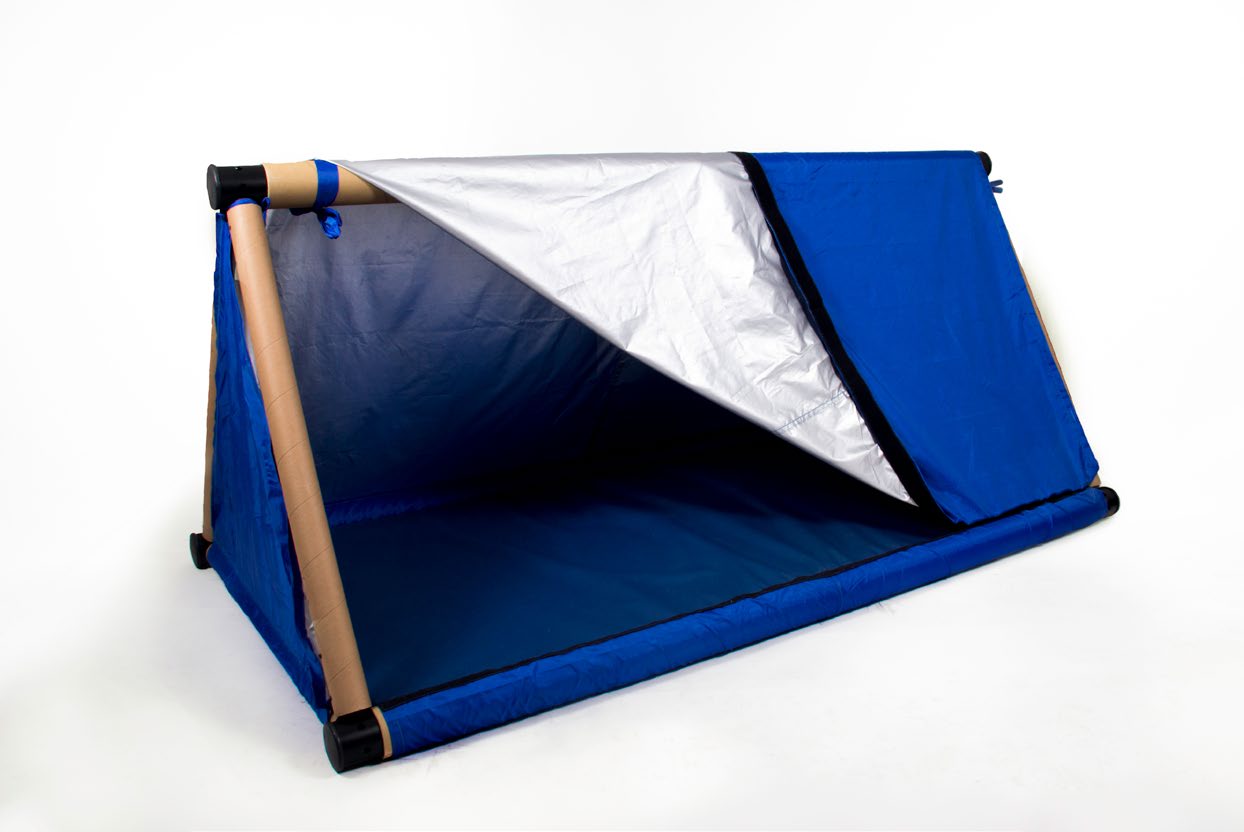 Sleeping module prototype — cardboard tube frame with tensioned cover