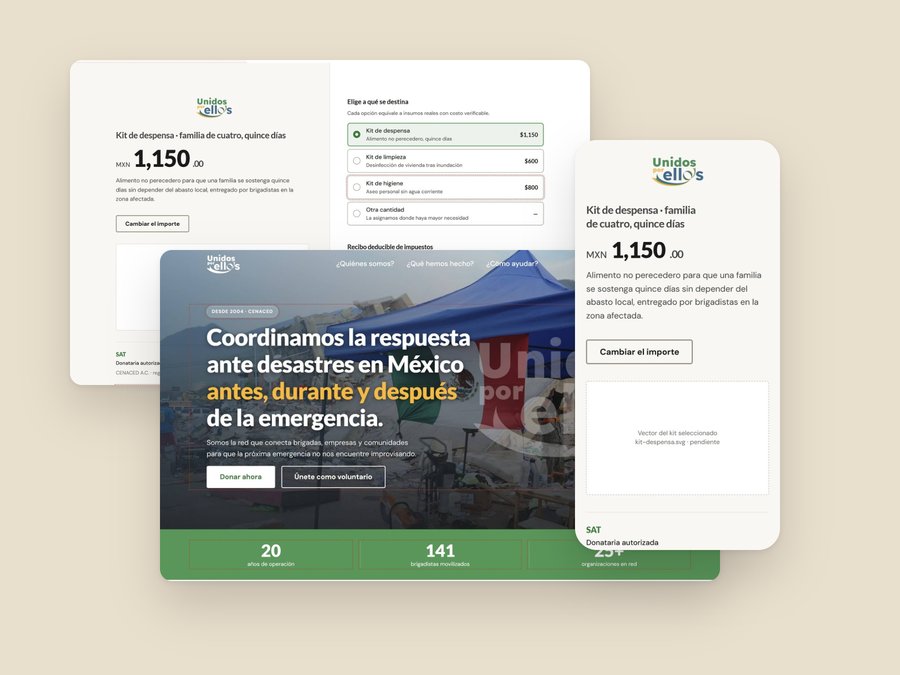 Unidos por Ellxs: donation page on desktop and mobile, and the campaign homepage
